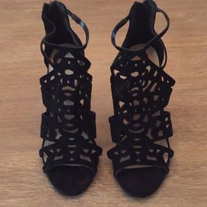 BCBG Suede Laser Cut Heeled Sandals